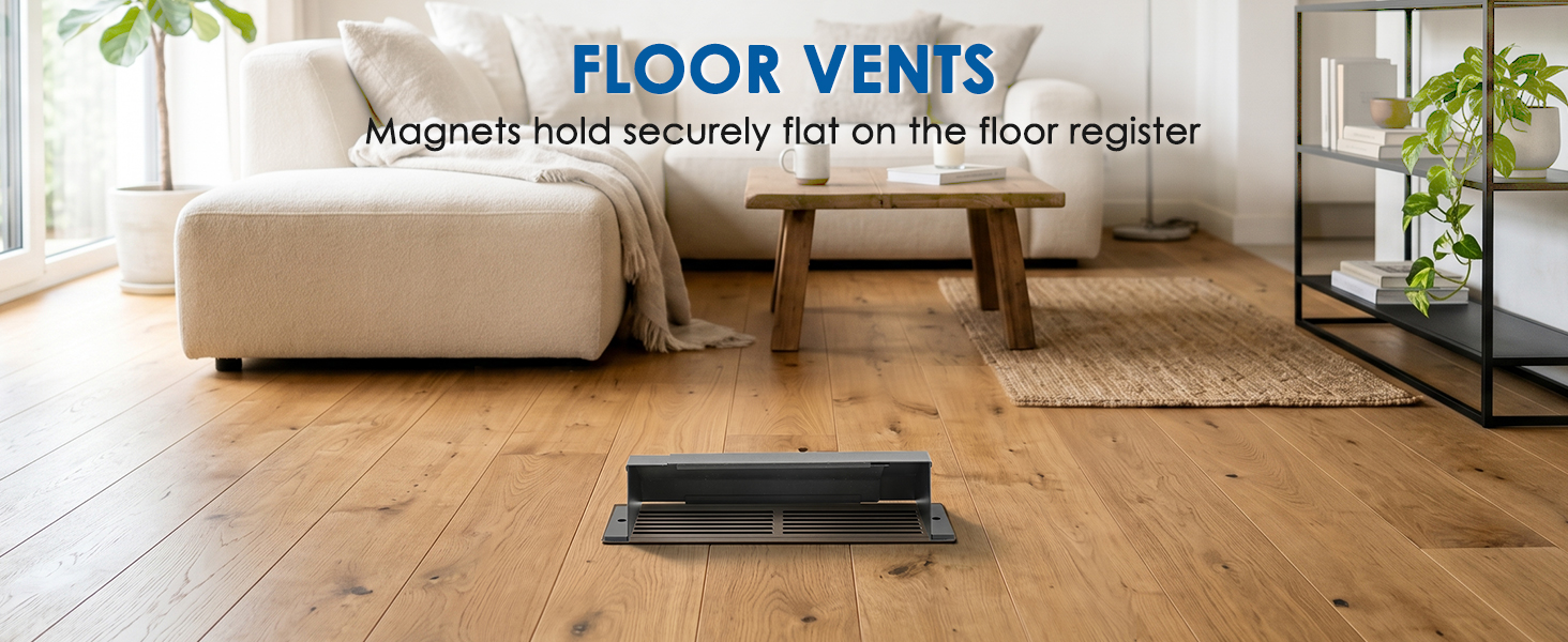 Black metal vent deflector for home floor, low profile design slides under furniture