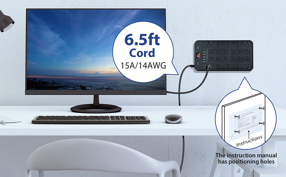 6.5FT Power Strip Surge Protector - Extension cord of optimum length