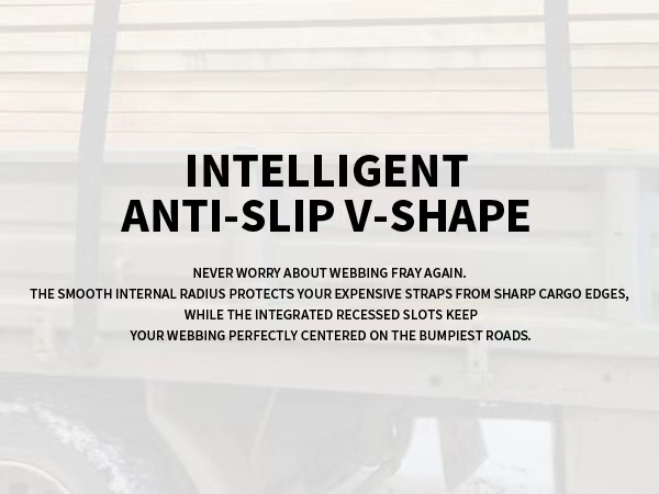 Intelligent anti-slip V-shape flatbed edge protectors protecting tie down straps on lumber cargo.