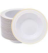 N9R 30PCS Disposable Plastic Bowls with Gold Rim, 12 oz Fancy White Plastic Bowls, Premium Desser...