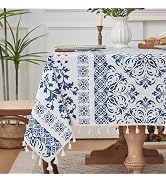 Table Cloth Rectangle Table with Tassel, Farmhouse Blue Floral Tablecloths for 6 Foot Rectangle T...
