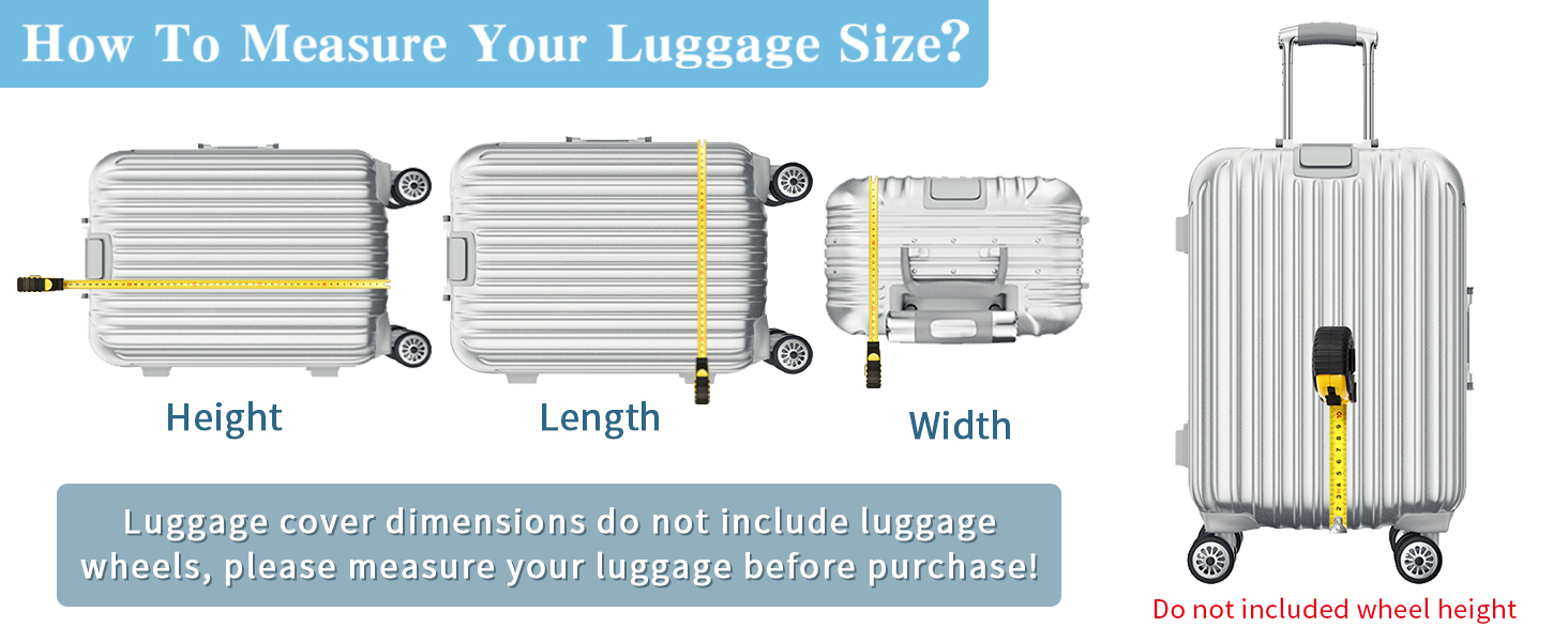 Text reads: 'How To Measure Your Luggage Size?' Diagram showing luggage measurement points for height, length, and width with illustrations of suitcase measurement instructions.