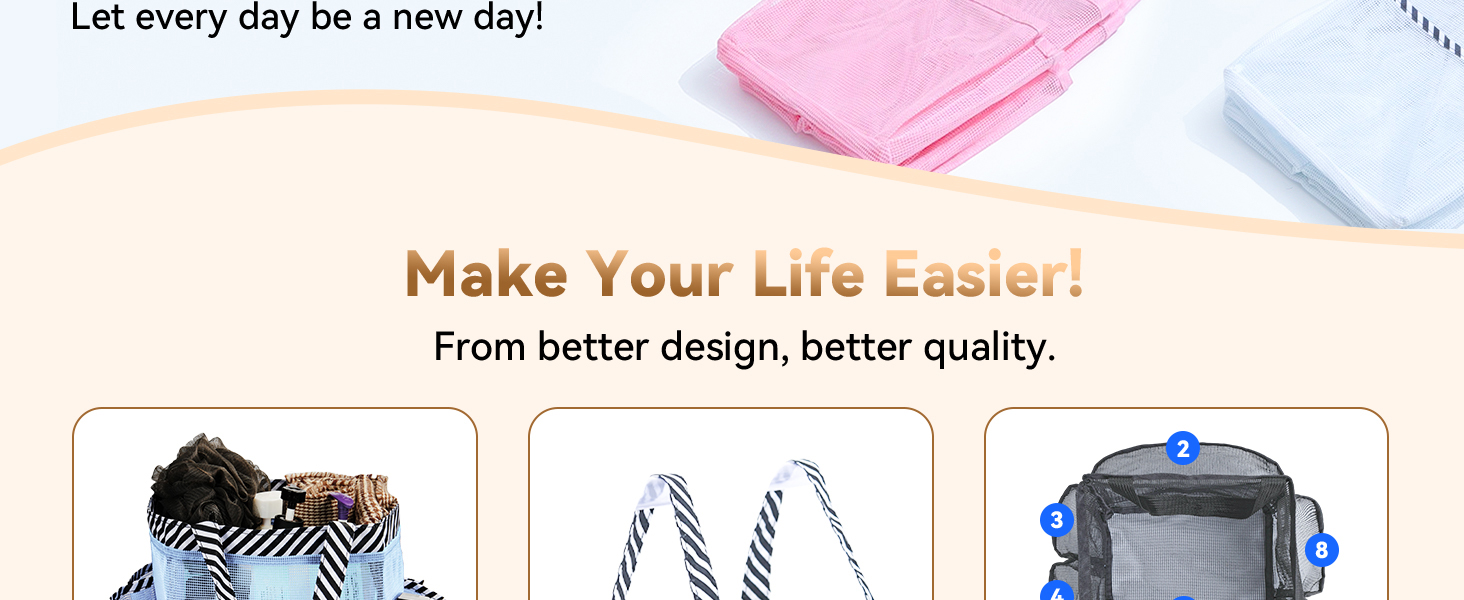 Heavy-duty nylon mesh Waterproof Large drainage hole Double handle Quick dry Key hook 2 tags