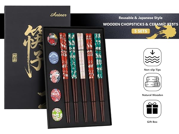 Reusable Wooden Chopsticks Set with Ceramic Chopstick Rests