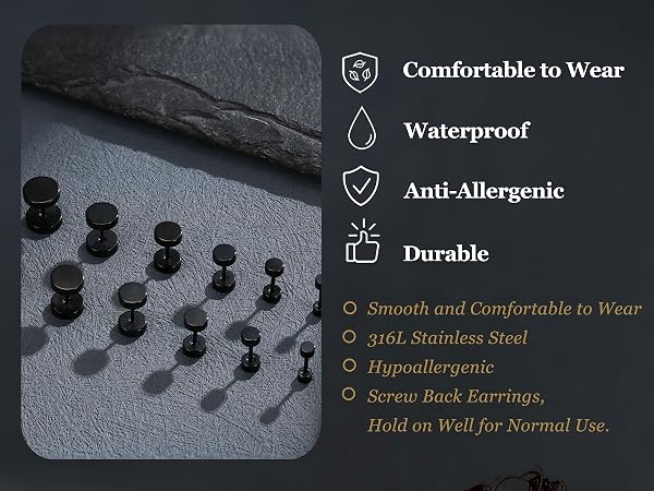 Stainless Steel Black Stud Earrings for Men Women Faux Gauges Ear Tunnel Fake Gauge Earrings