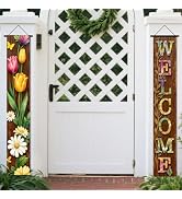 Nuxovilar Welcome Floral Wooden Style Door Banner Polyester 70x12 Inches - door banners for outsi...