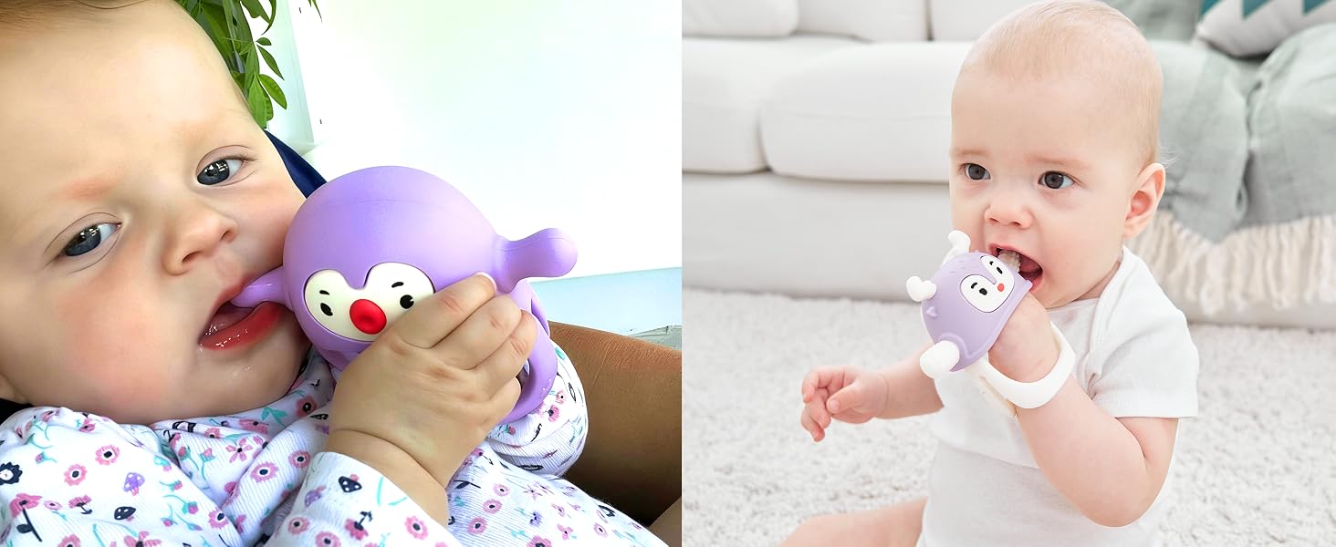 penguin soothing teether, baby teething pacifier, silicone teething mitten