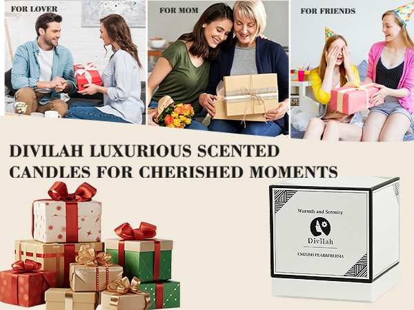 Luxurious scented candles in red gift boxes displayed with promotional lifestyle images showing people sharing moments together. White branded gift box shown.