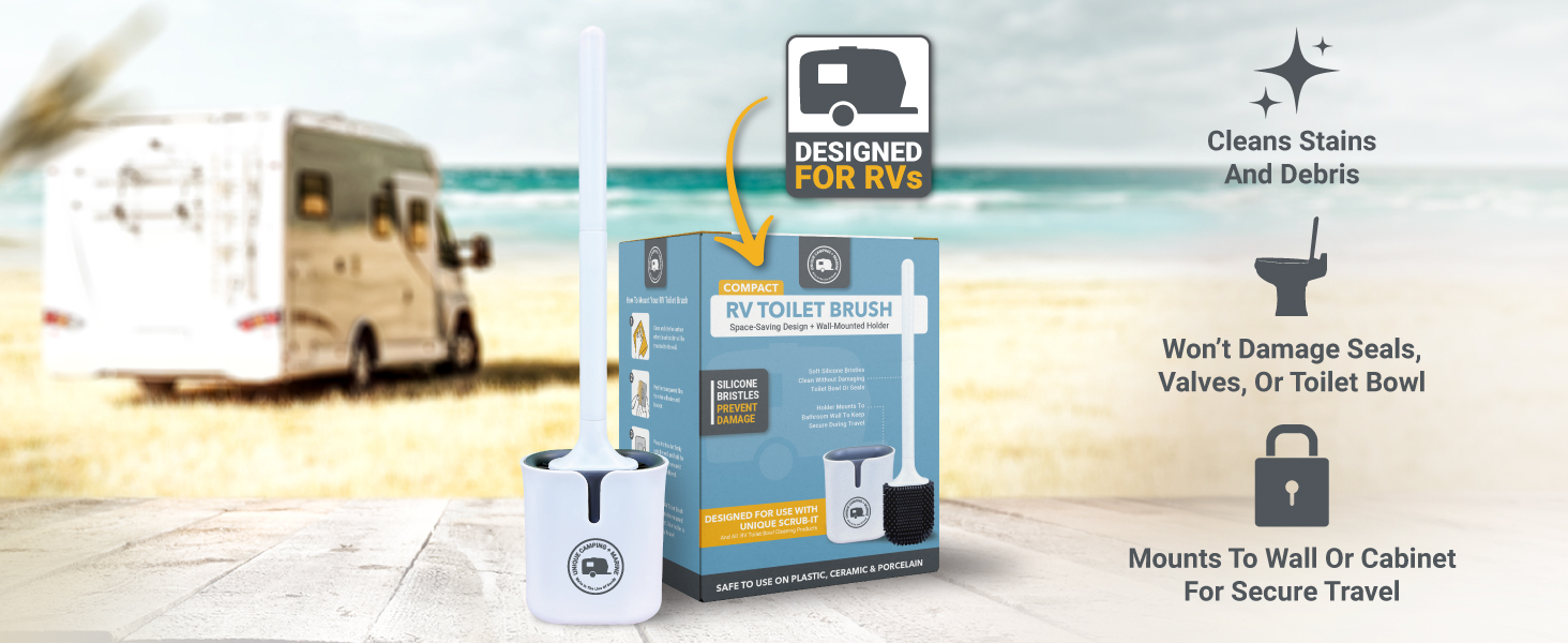 compact RV toilet brush with silicone bristles in front of RV on the beach features listed
