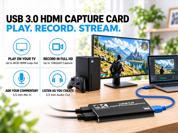 4K HDMI gaming video capture card for streaming recording for Nintendo Switch PS4 PS5 Xbox Camera