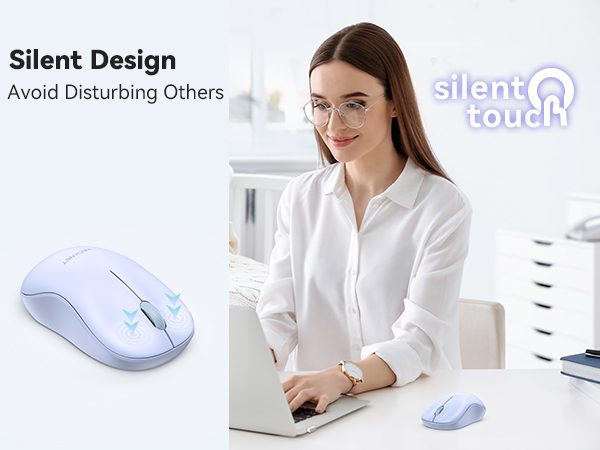 Text reads 'Silent Design' and 'Avoid Disturbing Others'. Marketing images showing people working with wireless computer mice in office settings.