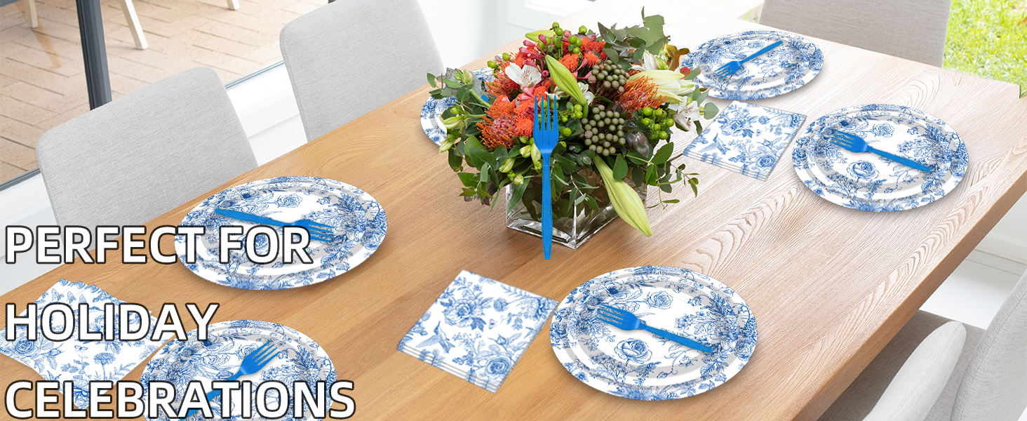 100 Pcs Blue and White Floral Tableware Party Supplies Set