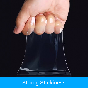 Close-up of a hand demonstrating a clear, highly adhesive substance stretching between thumb and forefinger. Text indicates strong stickiness.