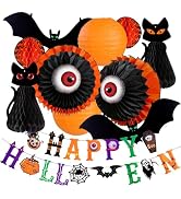 UNIQOOO Halloween Paper Lantern Decorations Set, 11 Pieces with Black Cat, Eyeball, Bat Designs a...