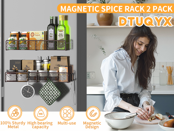 Magnetic Spice Rack for Refrigerator, 2 Pack 100% Metal Strong Magnet Shelf Black,Spice Organizer