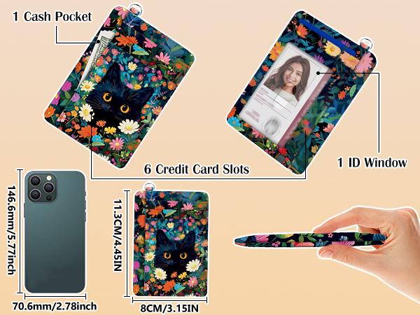 Floral patterned wallet with ID window, cash pocket, and 6 credit card slots. Shown open and closed, with size comparison to smartphone.