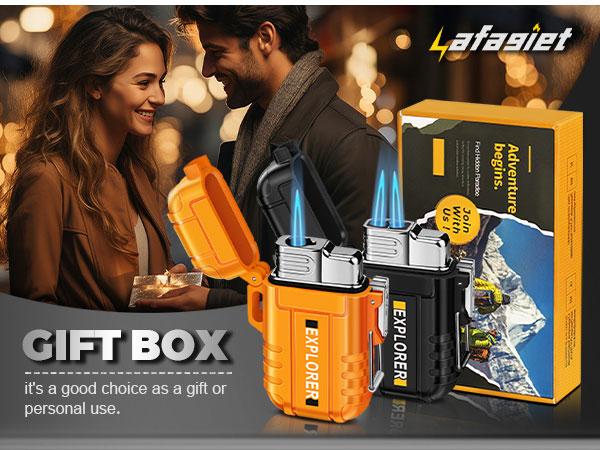 Orange waterproof outdoor lighter gift box set with blue flame display and promotional packaging.