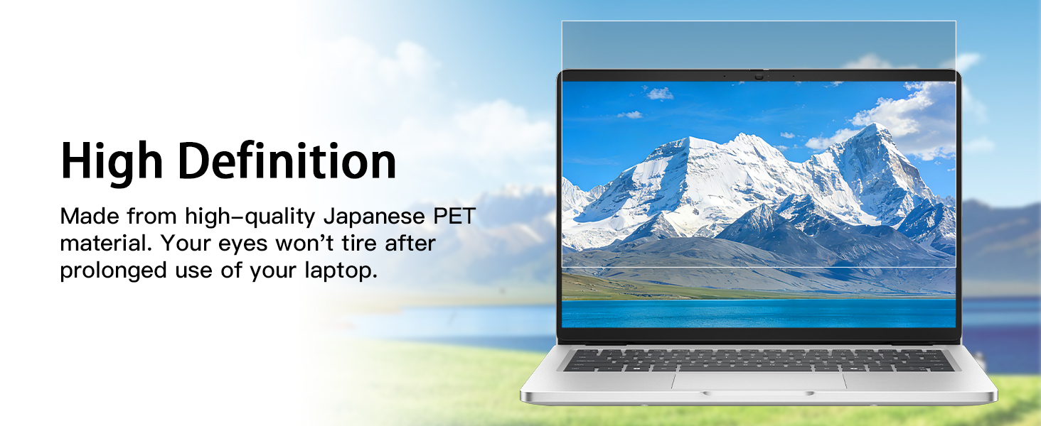 Text reads 'High Definition'. Similar to previous image, showing laptop screen against mountain landscape backdrop.
