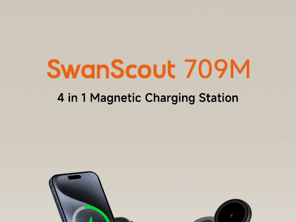 SwanScout 709M 4-in-1 magnetic charging station device with wireless charging pad shown charging a smartphone