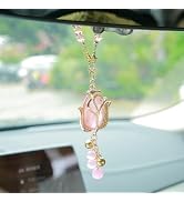 YGMONER Tulip Car Mirror Hanging Ornaments Pink Cat's Eye Stone Flower Charm - 9 Inch