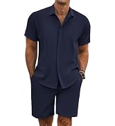 COOFANDY Men's Summer Beach Outfits 2 Piece Short Sleeve Shirts and Shorts Vacation Texture Linen...