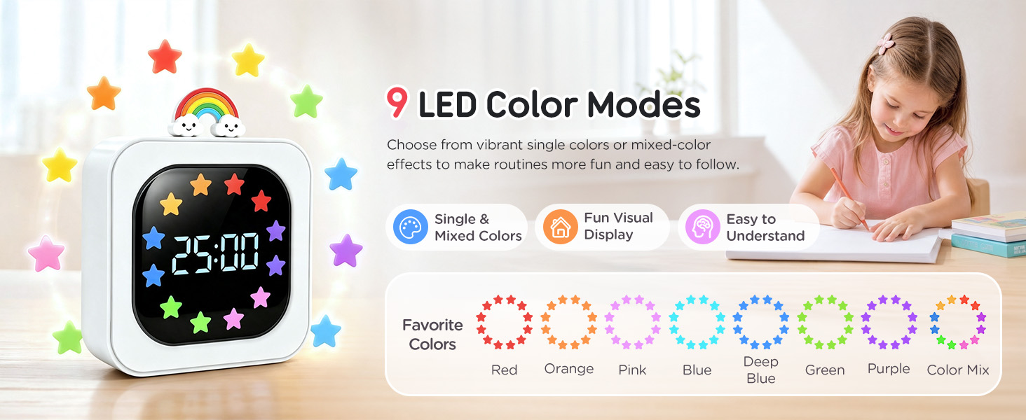 Digital Visual Timer for Kids Star Rainbow LED Display Green White Blue Rechargeable 99-Minute