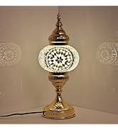 GOGERS Turkish Mosaic Table Lamp, Amber Glass Bedside Lamp with Gold Metal Base, E12 LED Bulb Inc...