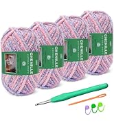 Sixlamb 4-Pack Super Soft Chenille Velvet Yarn for Crocheting, Medium to Bulky (#4-#5), Multicolo...