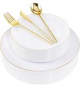 I00000 150Pcs Gold Plastic Plates, Heavy Duty Gold Rimmed Plastic Plates with Gold Disposable Sil...