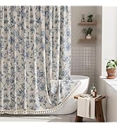 AmazerBath Light Blue Floral Shower Curtain, Modern Farmhouse Shower Curtain Set with Tassels, Ru...