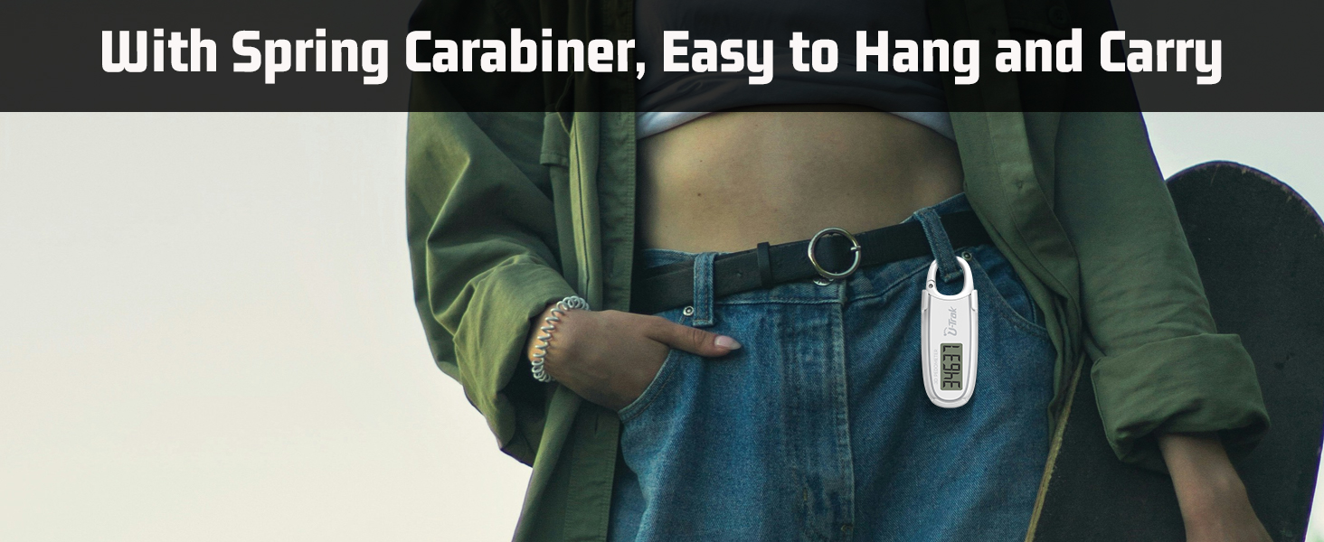 U-Trak 3D pedometer for walking with spring carabiner