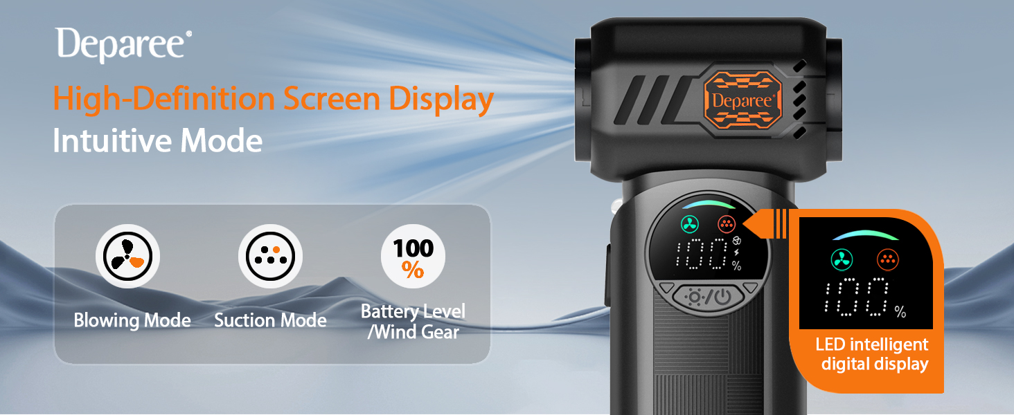 Cordless air duster and handheld vacuum with LED display showing modes, battery, and wind level