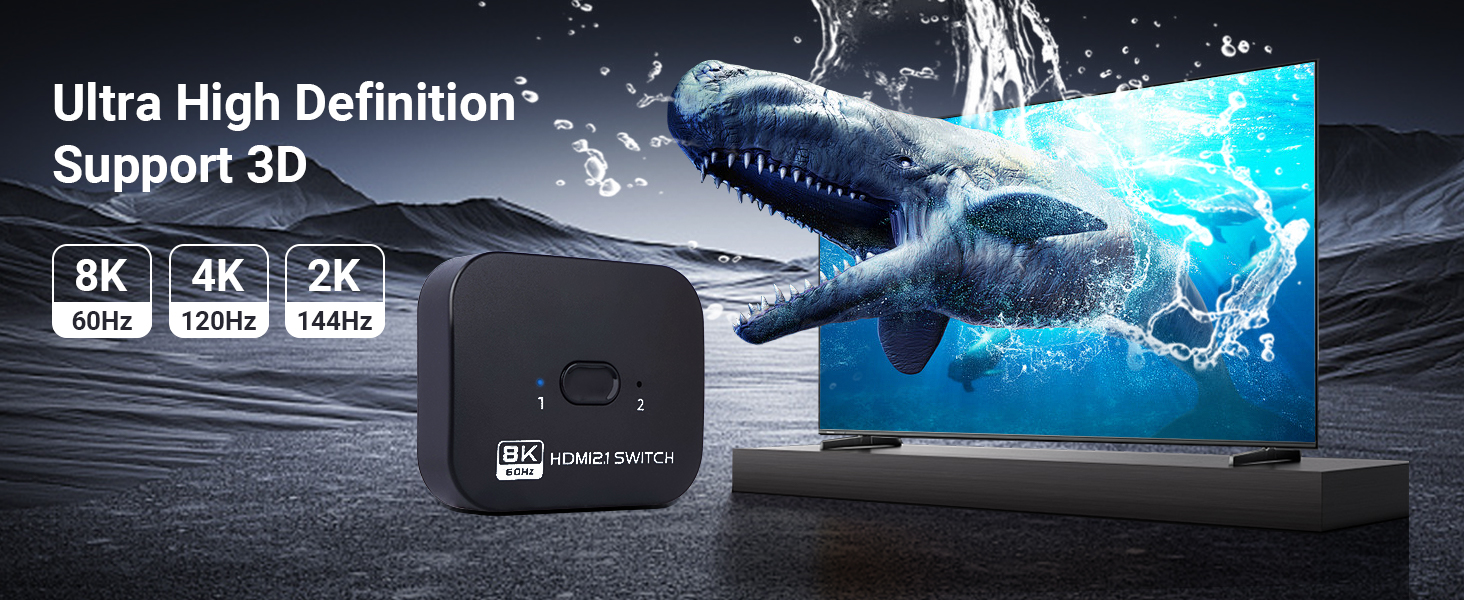 Advertisement showing HDMI device capabilities with 8K, 4K, and 2K resolution support icons