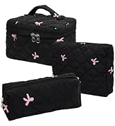 Hatende 3Pcs Cotton Quilted Makeup Bag Set,Large Floral Cosmetic Bag,Aesthetic Toiletry Travel Ma...