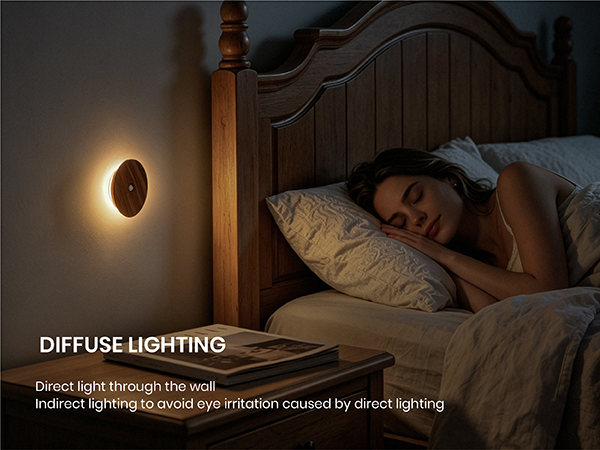Cozy wooden night light with motion sensor softly lights bedside.