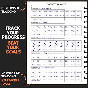 Progress tracker chart with 27 weeks of tracking spaces, featuring multiple progress categories including morning run, weight, and cycles. Contains checkboxes and measurement tracking fields.