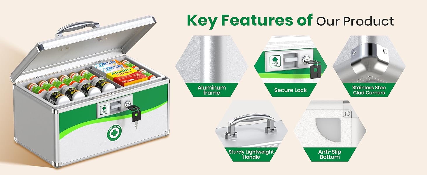 medicine lock box, medication lock box, locked medicine box, lock box with key, pill lock box
