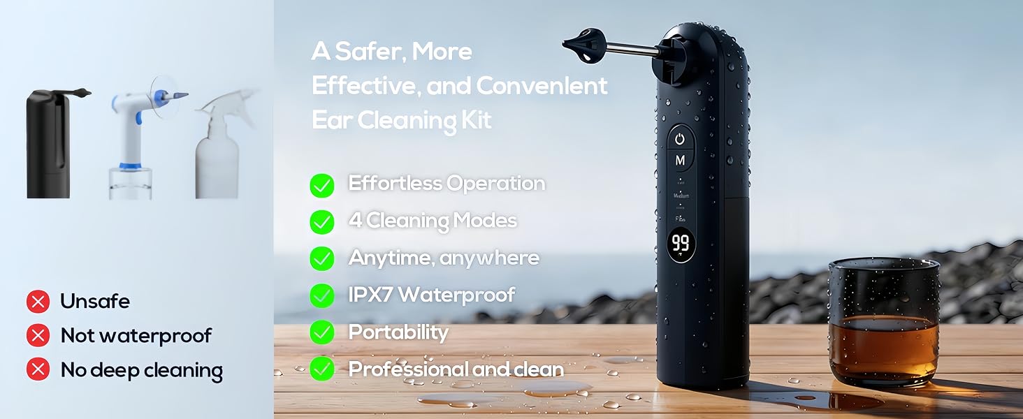 Product feature comparison showing electronic device capabilities with green checkmarks for features like 'No rain damage', 'Energy efficient', and red X marks for 'Not waterproof'.