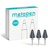 Text reads 'metapen TIPS'. Product packaging shows three gray conical replacement tips displayed against white background with turquoise branding elements.