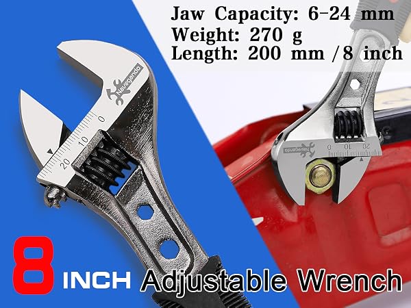 Navegando 8-inch adjustable wrench showcasing professional quality on white background.