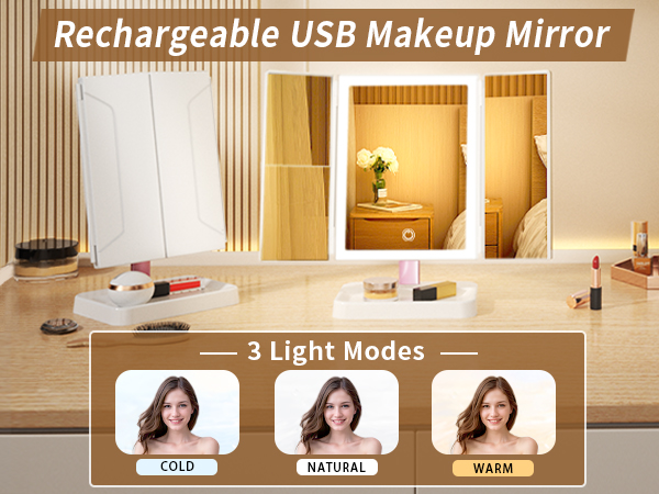 trifold mirror with lights