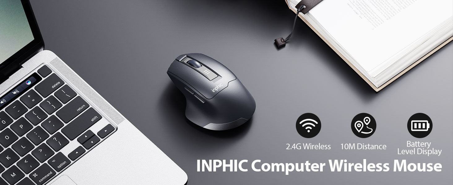 Text reads 'INPHIC Computer Wireless Mouse'. Product shown in multiple views against gray/white backgrounds displaying wireless mouse with laptop.
