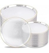 Nervure 100PCS Clear Gold Plastic Plates,Gold Disposable Plates Heavy Duty,Frosted Grain Base Inc...