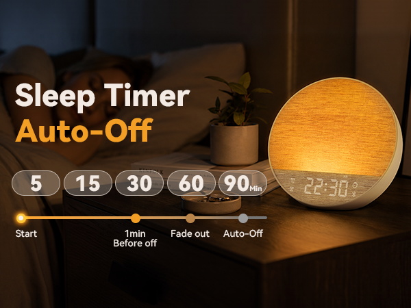 Bedside sleep sound machine device featuring automatic light fade out and timer controls.
