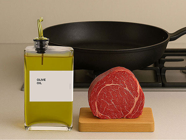 Glass olive oil dispenser next to raw steak on cutting board with frying pan in background