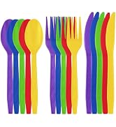 150pcs 5 colors disposable heavy duty plastic cutlery set including neon party knives, forks and ...