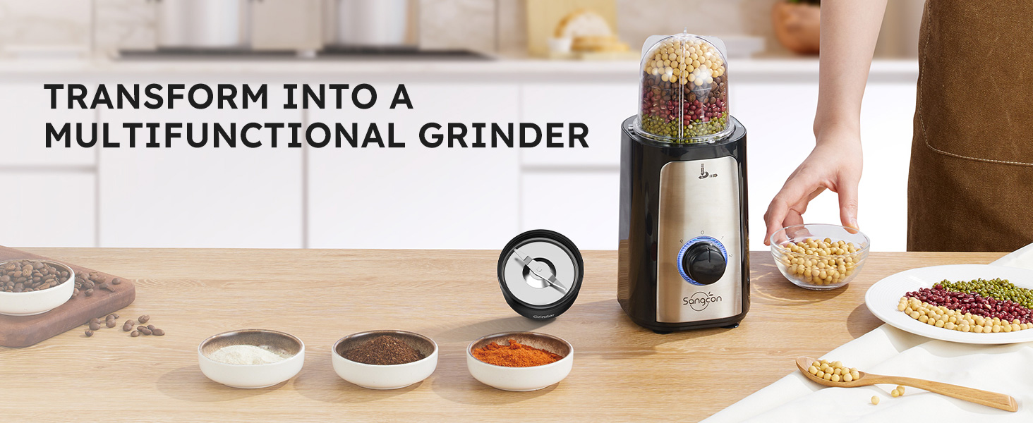 Multifunctional grinder with beans, spices, and grinding blade on a kitchen counter.