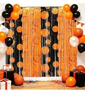 FALIZIFU 2 Pack Basketball Print Foil Fringe Curtain Backdrop Orange and Black Basketball Theme P...