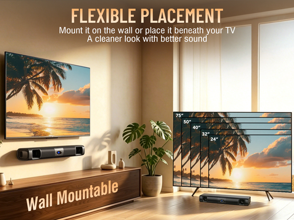 Wall mountable sound bar for TV desktop setup small soundbar speaker