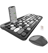 FOPETT 2.4GHz Wireless Keyboard and Mouse Set with Phone Holder - Compact Full-Size Keyboard - Co...